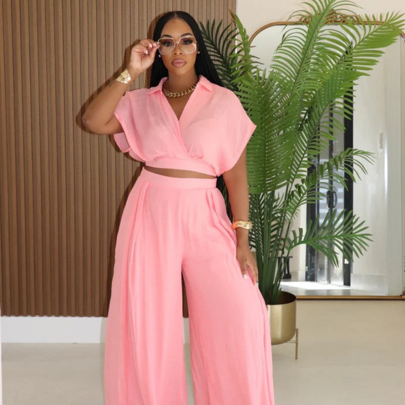 Solid-color Lapel Fashionable Loose-fitting Set