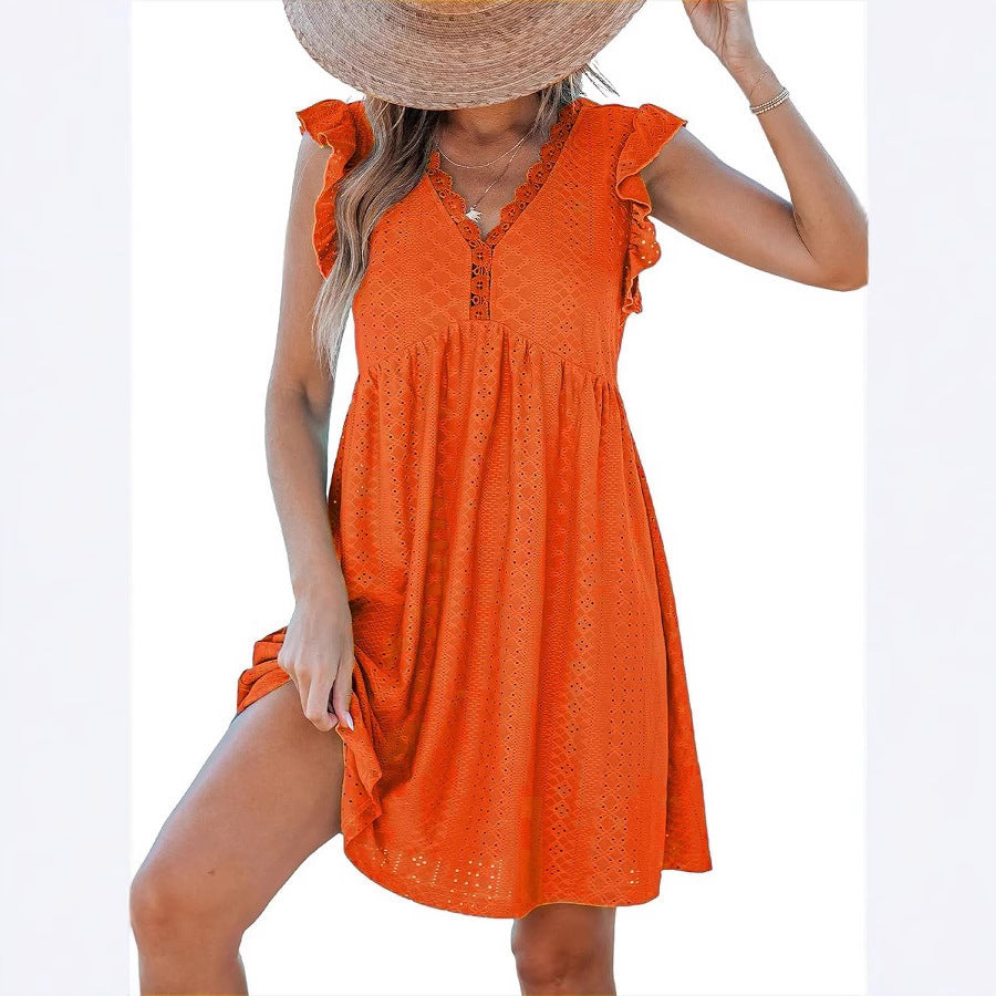 Women's V-neck Lace Lace Cutout Short-sleeved Blouse Dress