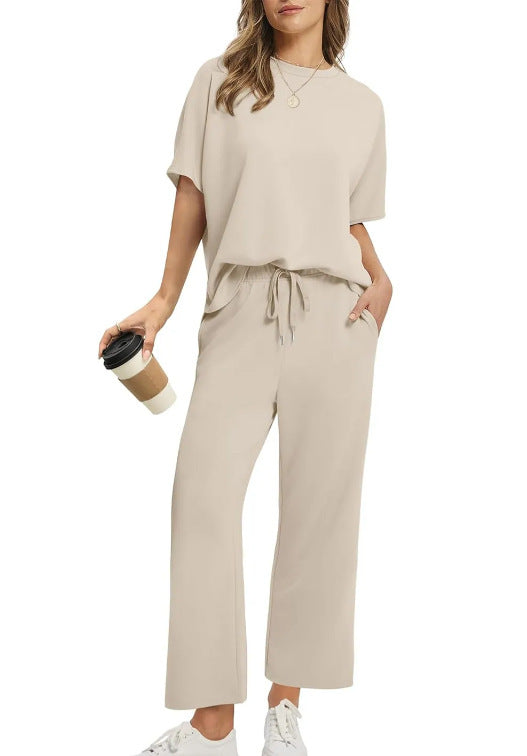 European And American Women's Solid Color Short-sleeved Casual Wide-leg Pants Suit