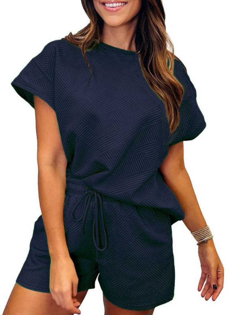 Solid Color Round Neck Short Sleeves Top Shorts Suit