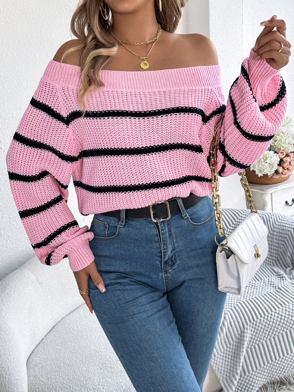 Casual Striped Off-Shoulder Lantern Sleeve Pullover Sweater