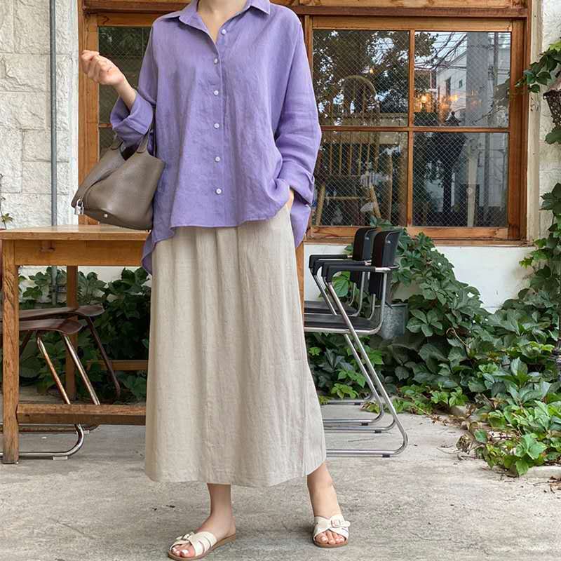 Cotton And Linen Shirt Purple Vintage Top