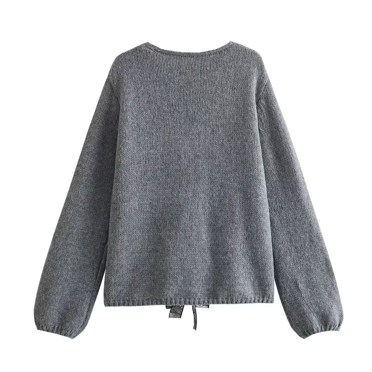V-neck Long Sleeve Sequined Bow Tie Knitted Cardigan Sweater