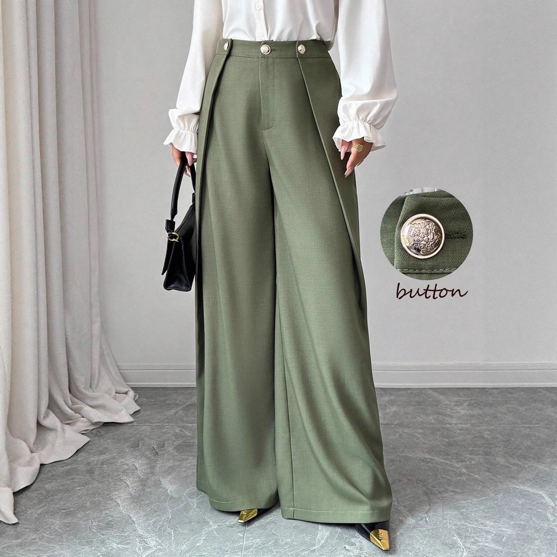 Elegant Pleated-texture Casual Pants With Buttons