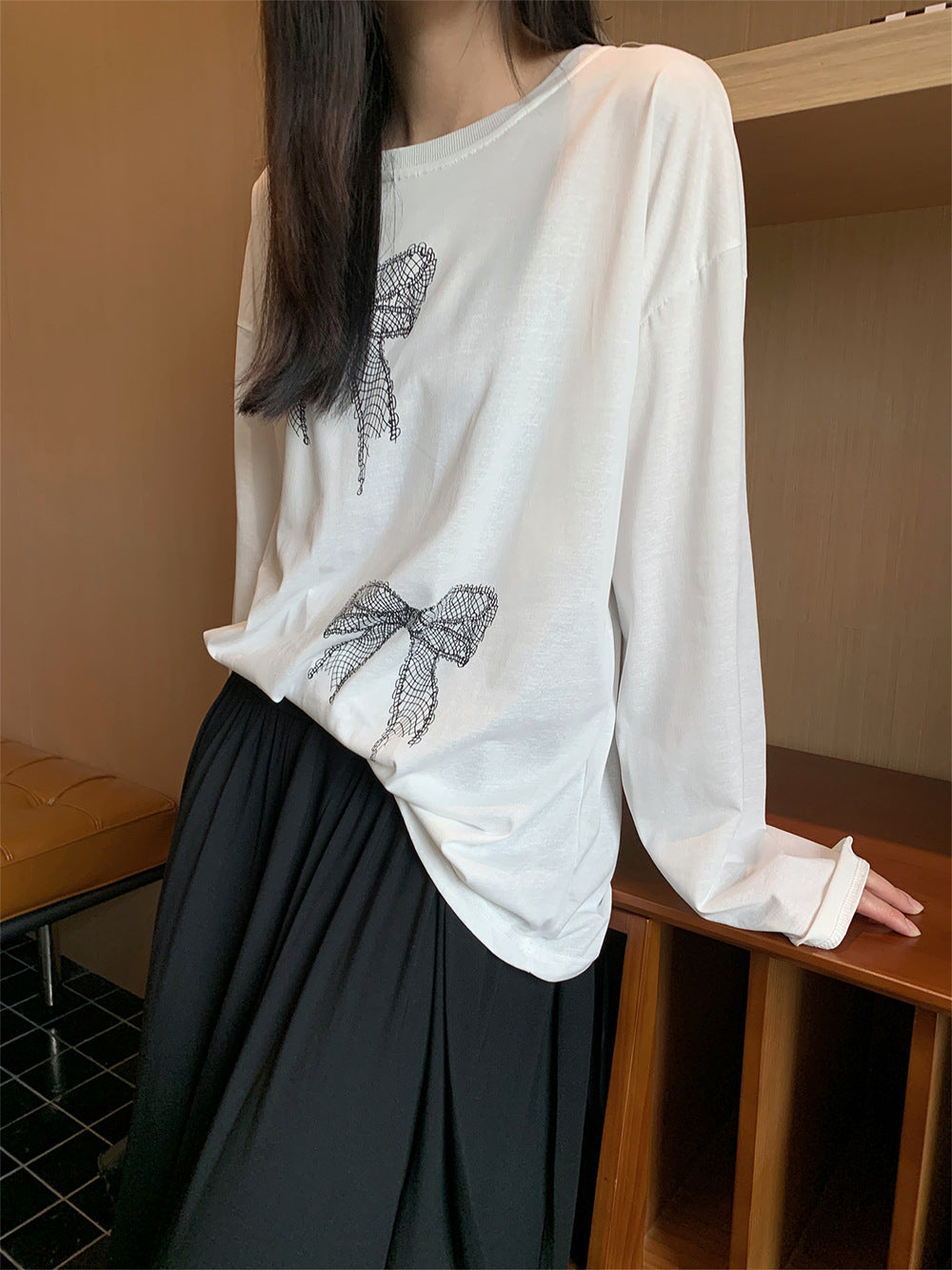 Bow Print Long-sleeved T-shirt Women's Thin Loose Top