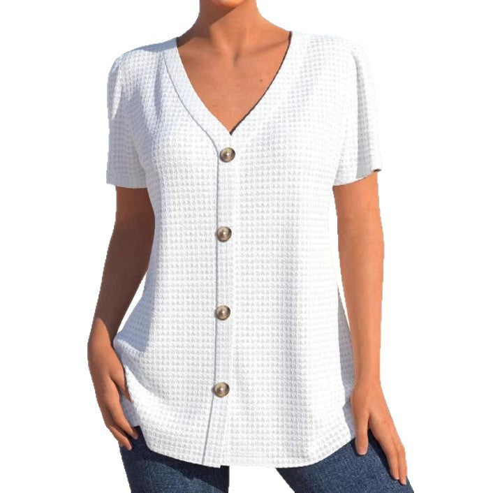 European And American Solid Color Buttons V-neck Short Sleeve Loose Casual Top
