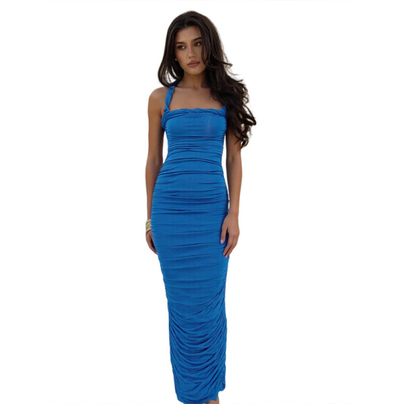 European And American Adult Lady Like Woman French Sexy Pleated Suspender Sleeveless Backless Sheath Dress