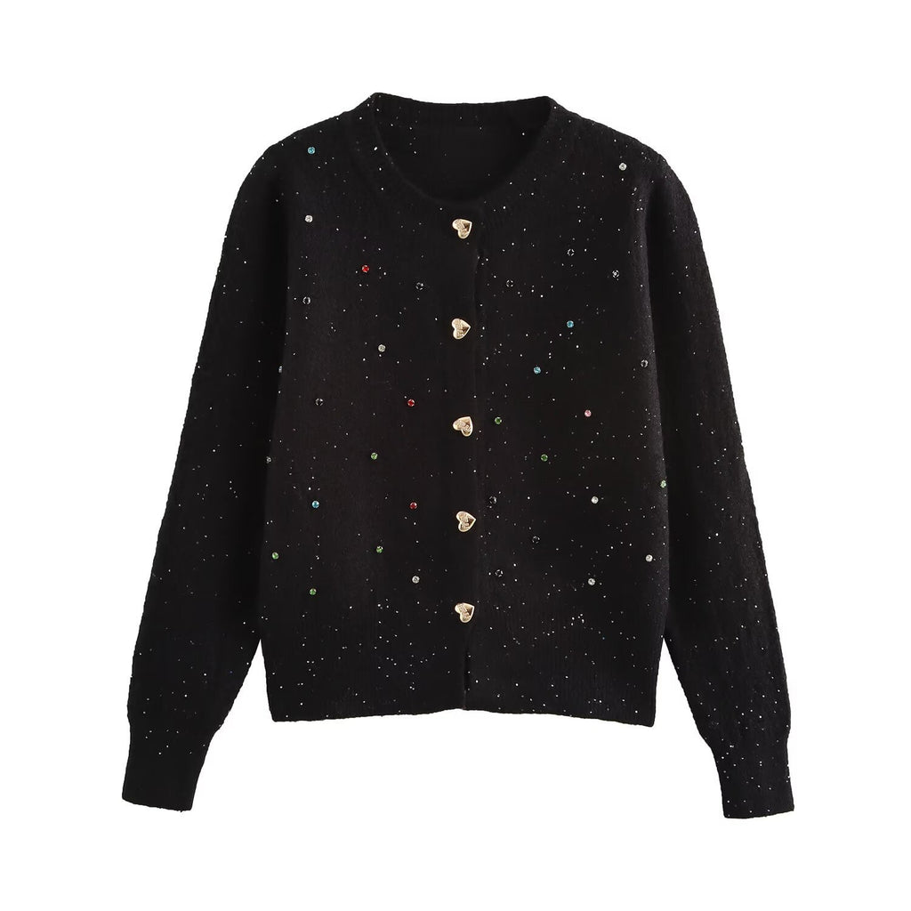 European And American Style Fashion Sequin Colorful Crystals Love Button Knitted Cardigan Jacket