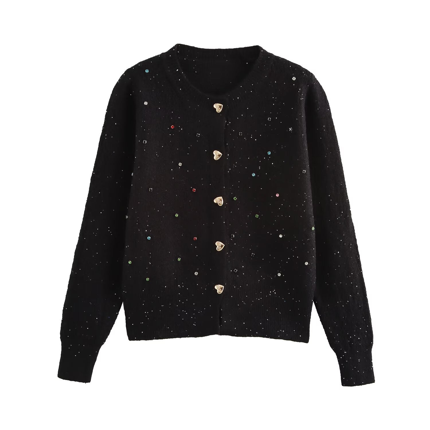 European And American Style Fashion Sequin Colorful Crystals Love Button Knitted Cardigan Jacket