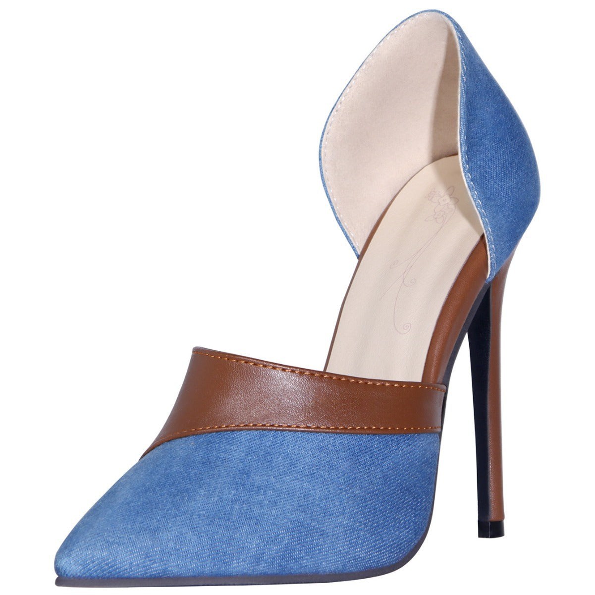 Womens Pointed-toe Denim Patchwork High-heeled Pumps