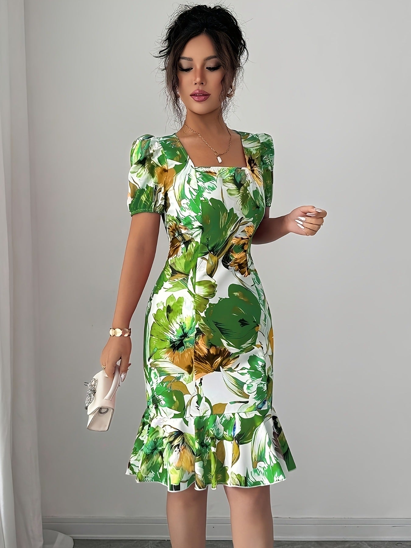 Retro Square-Neck Puff-Sleeve Waist-Cinching Ruffle-Trim Dress