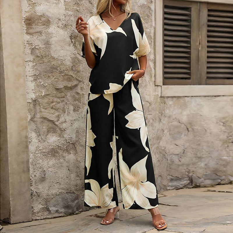 Printed V-neck Batwing-sleeve Top And Long Pants Two-piece Set