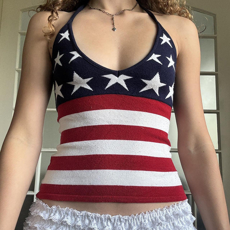 XINGX Printed Woolen Camisole Personality Street Halter Sleeveless Top