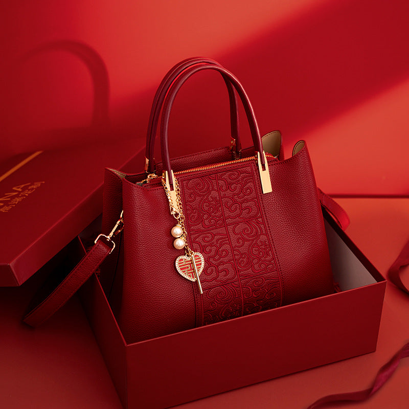 Embroidered Red High-Capacity Tote Bag