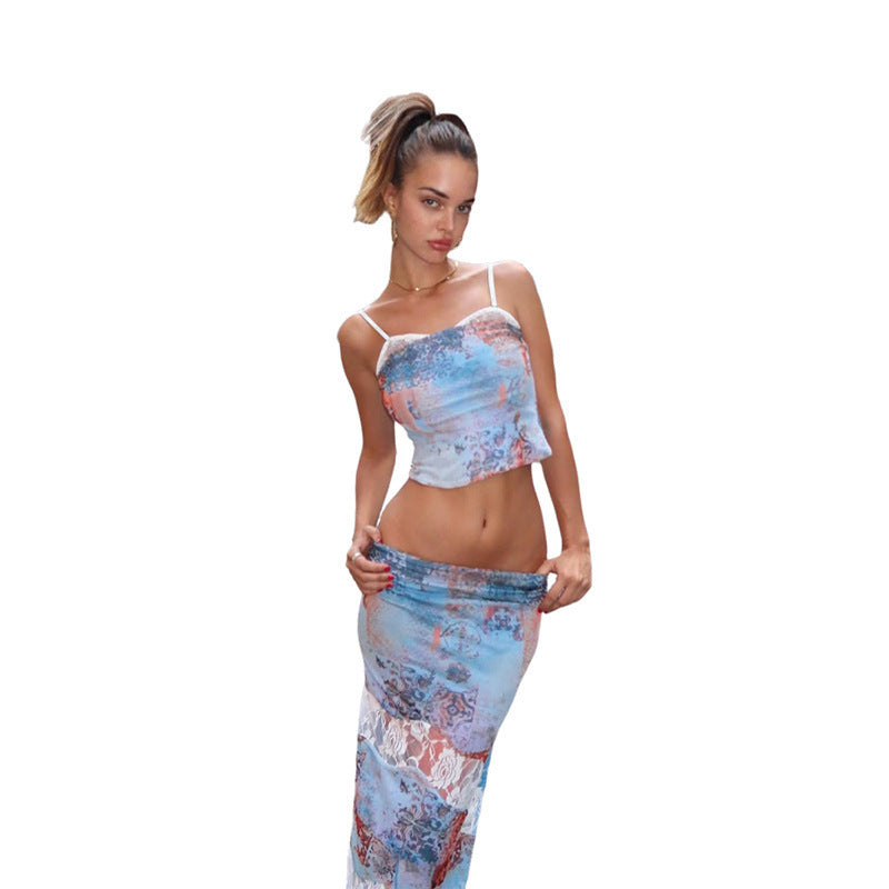 Design Hot Girl Lace Printed Sling Slim Fit High Waist Slit Skirt Suit