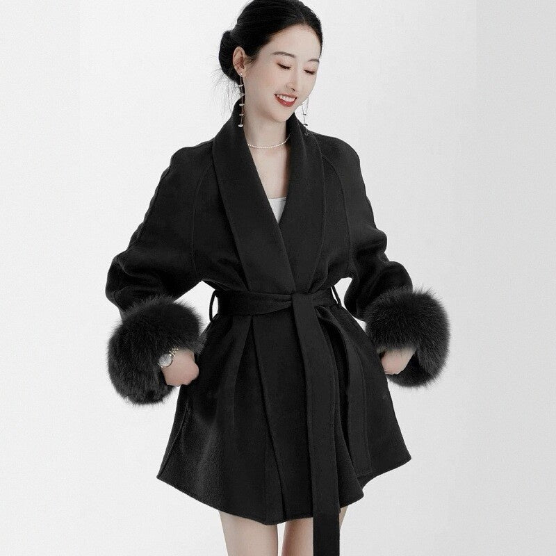 Women's Black Fox Fur Double-faced Cashmere Elegant Short Coat