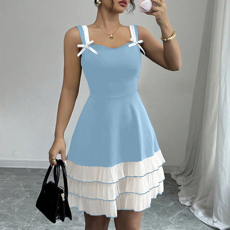 Women's Sling Contrast Color Multi-layer Cake Dress