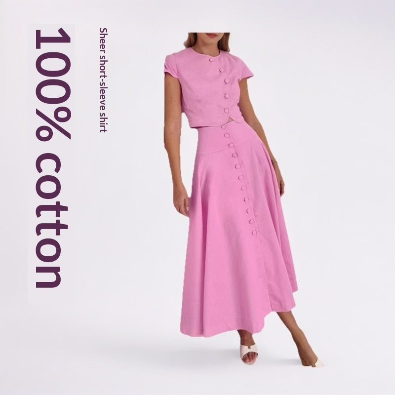 Solid-Color Buttoned Short-Sleeve Top And Flared Maxi Skirt Two-Piece Set