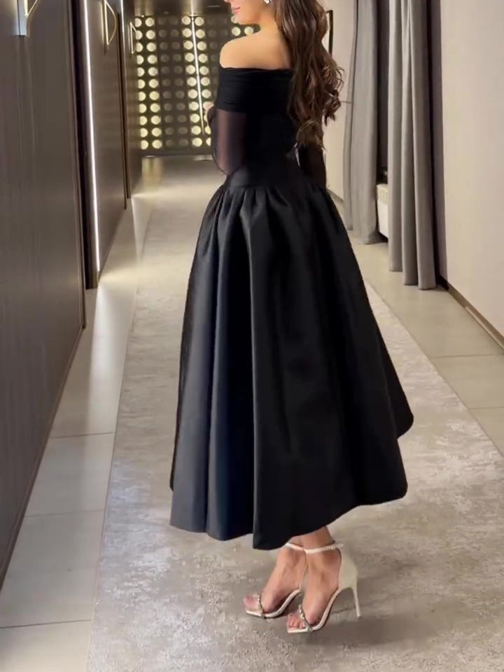 Black Off-Shoulder Mesh Long Sleeve Waist-Cinched Flared Midi Gown