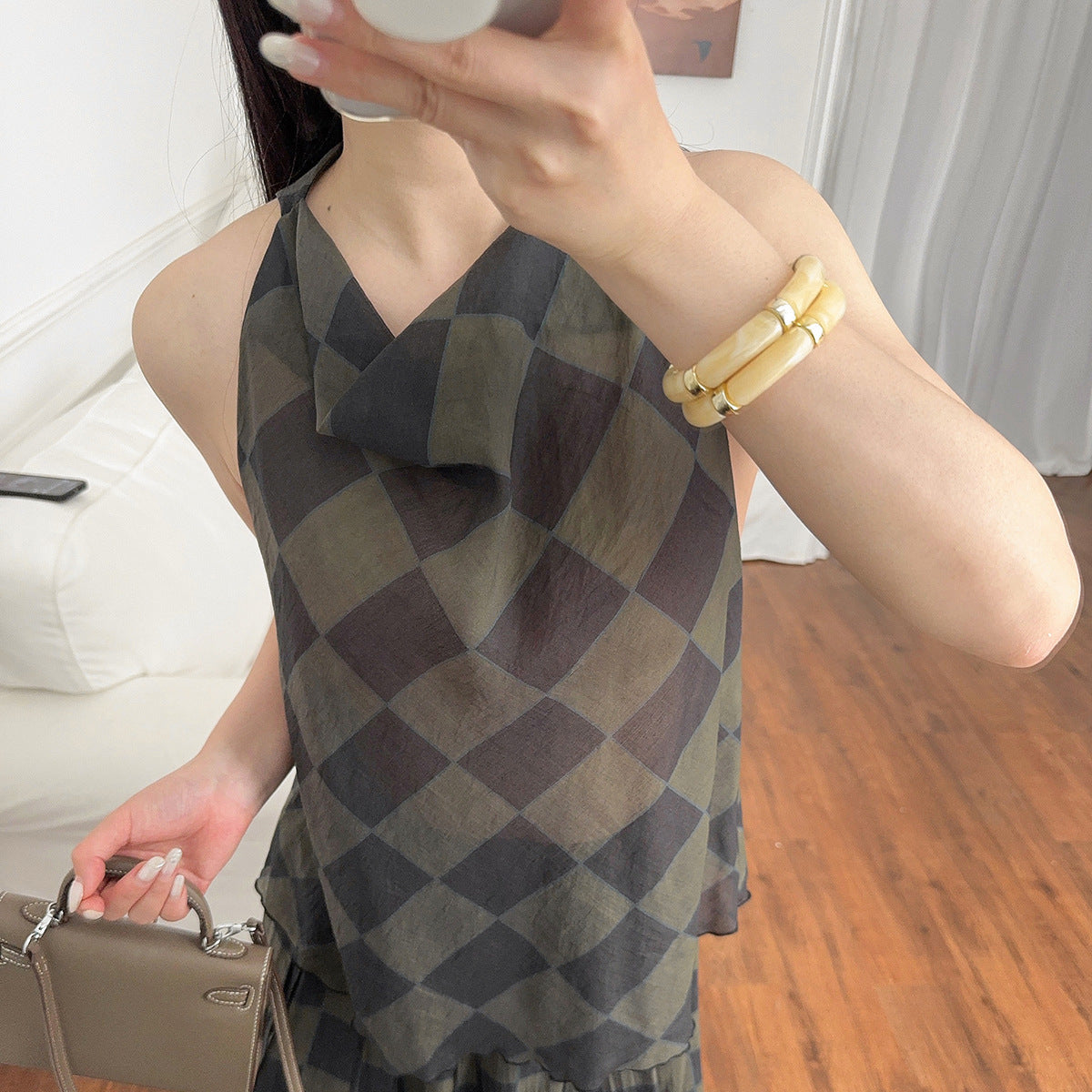 British Style Temperament Commute Style Draping Effect Plaid Sleeveless Top Rhombus Plaid Halter