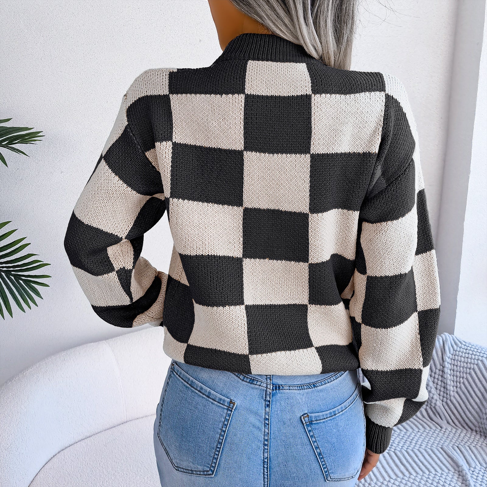 Street Style Color Block Plaid Long Sleeve Pullover Knit Sweater
