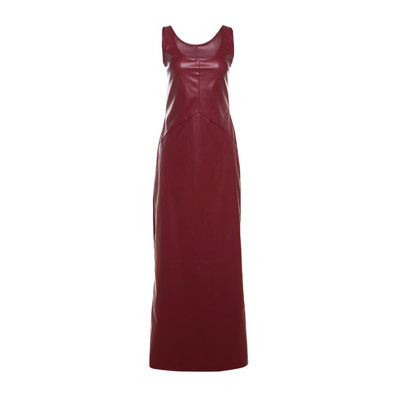 Elegant U-collar Backless Slim Fit Split PU Leather Dress Women