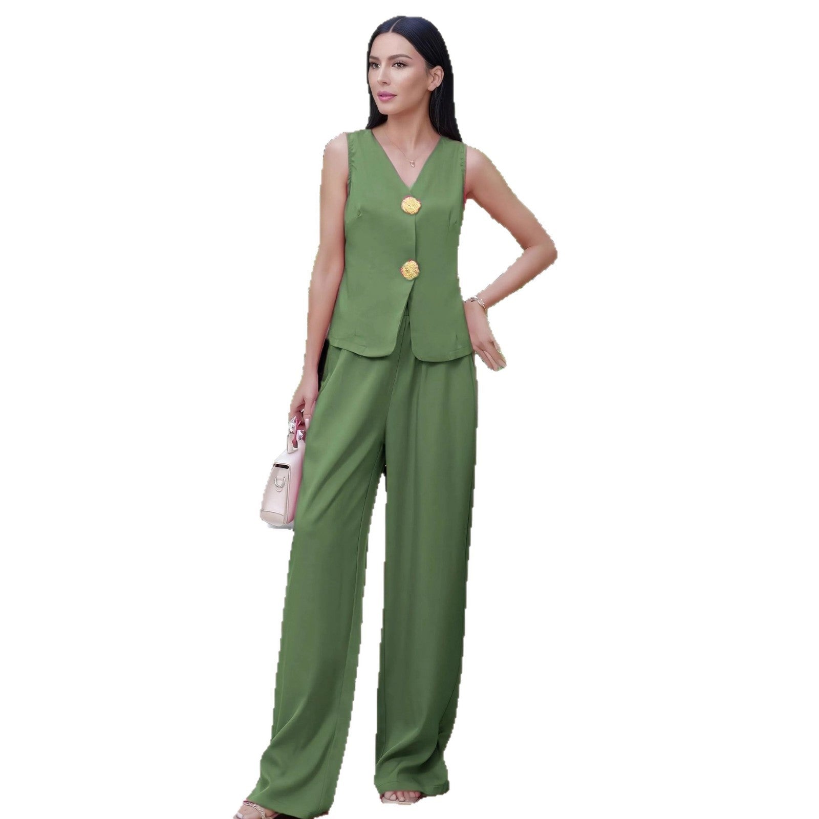 Women's Fashion Button Vest Pants Casual Two-Piece Set