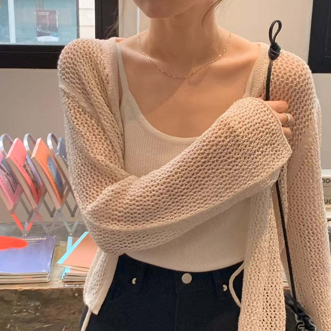 Pure Color Slimming V-neck Lace-up Hollow Knitted Cardigan