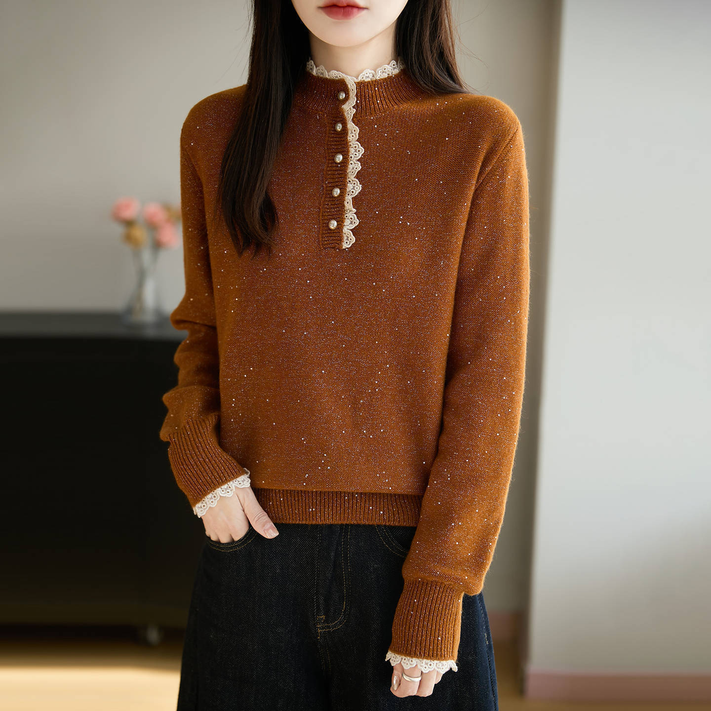 Womens Lace Mock Neck Base Layer Top